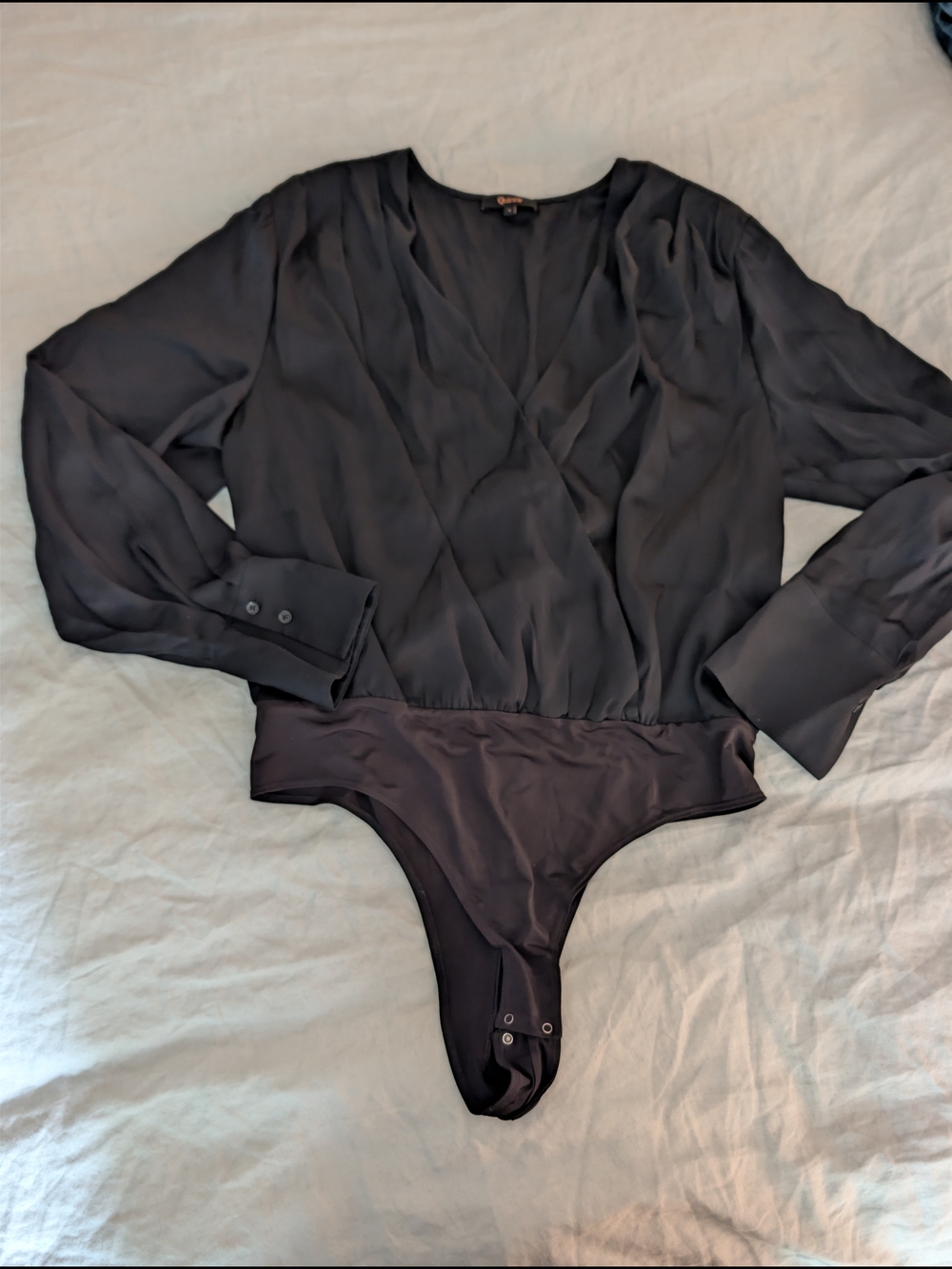 Quince Washable Silk Surplice Bodysuit Black Large NWOT